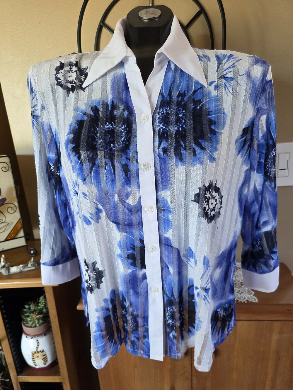 Vtg Vibrant Blue Floral Button-Up Vertical Mesh Striped Shirt with White Trim XL